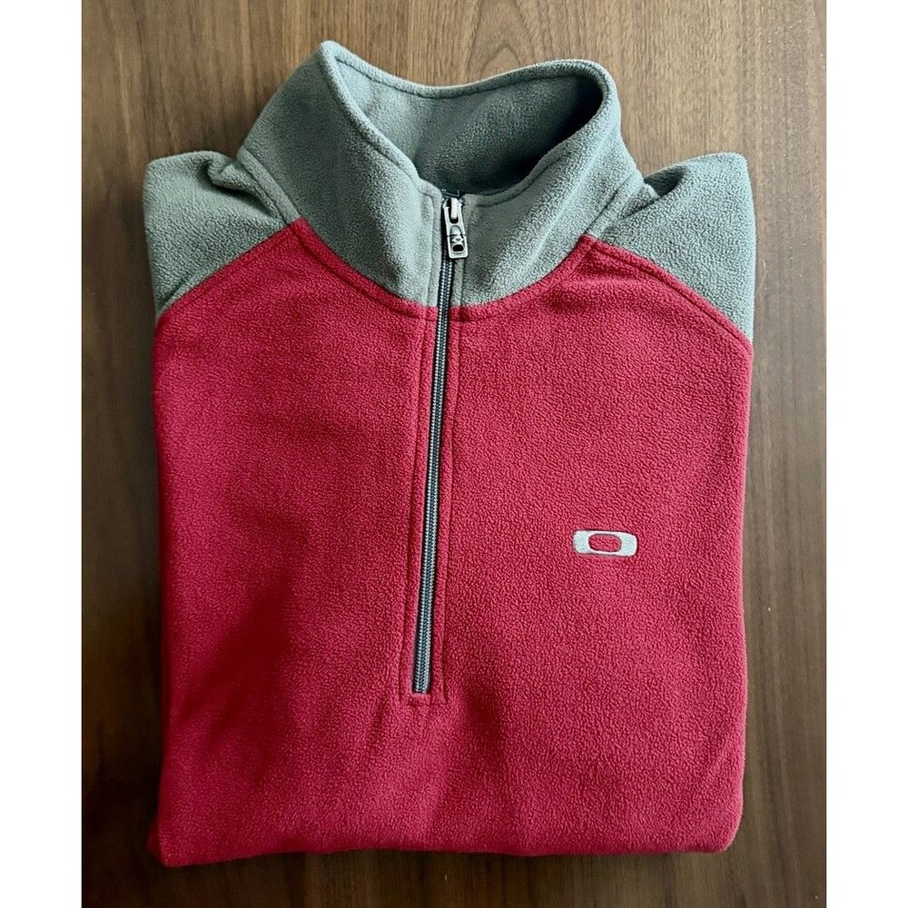 Oakley Men's L Red/Gray Colorblock Fleece 1/4 Zip Logo Pullover Sweatshirt